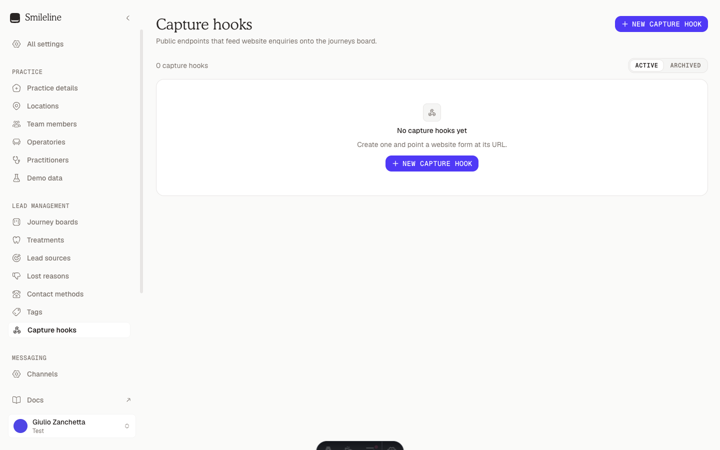 Capture hooks list with endpoint URLs and status badges