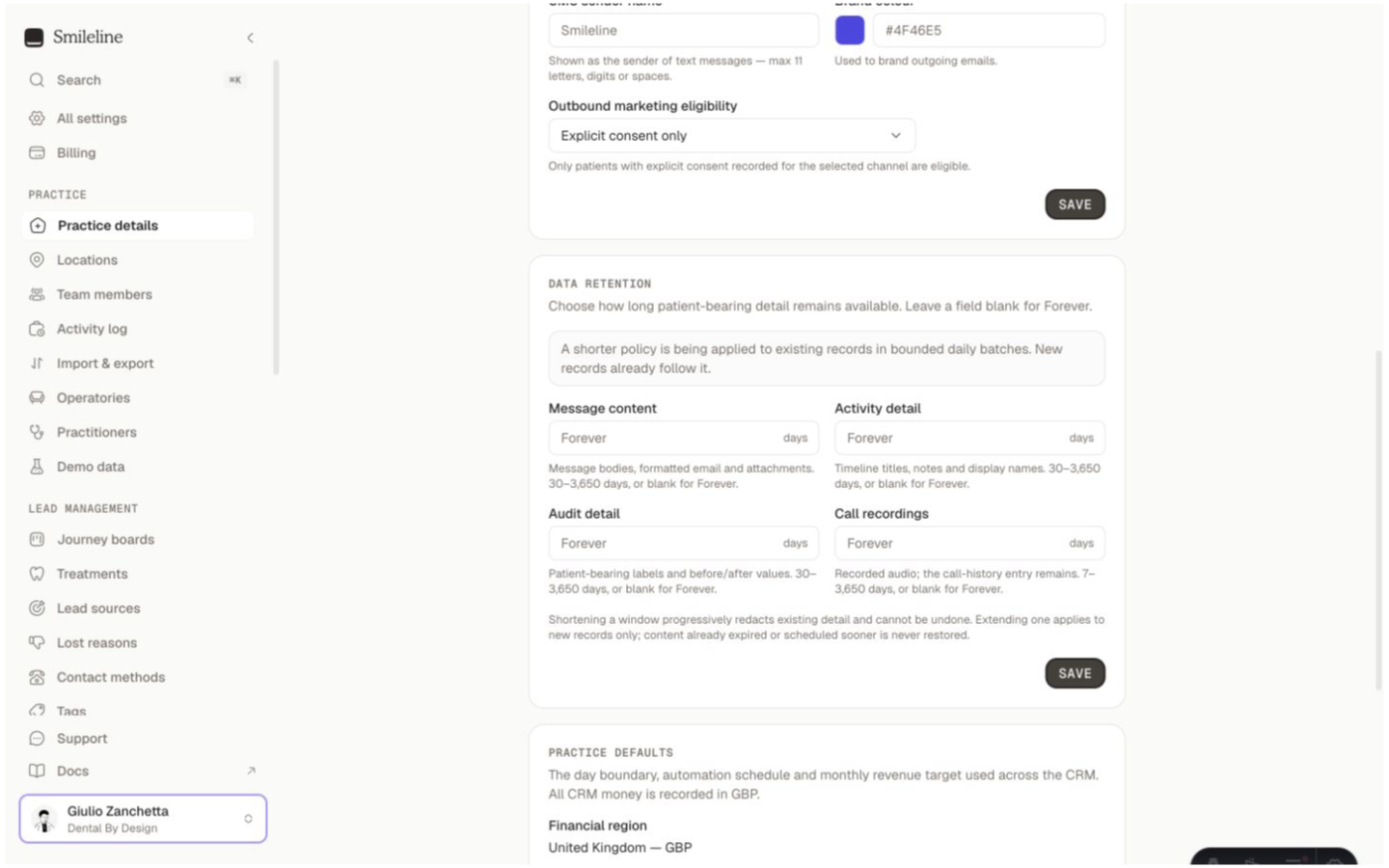 Data retention settings for message content, activity detail, audit detail and call recordings