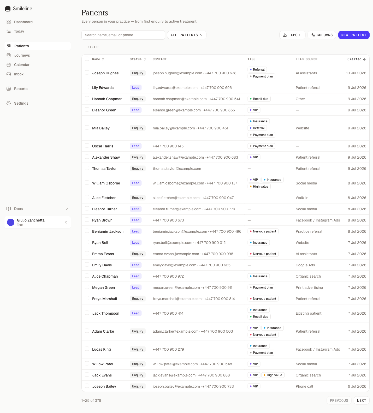 The patients table with the search box, view switcher, and filter bar