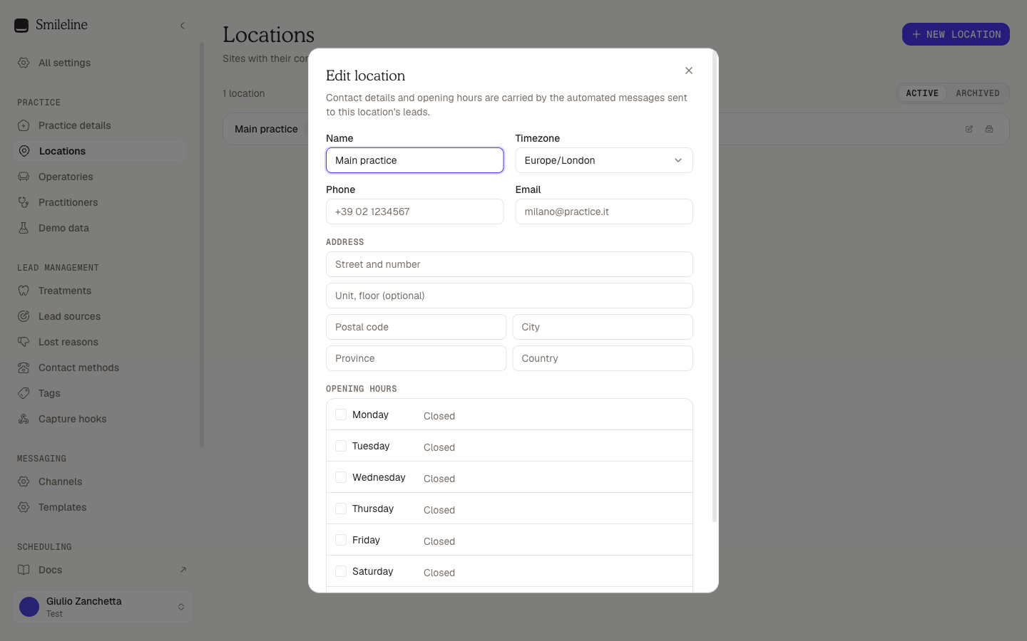 Location dialog with contact details and opening hours editor