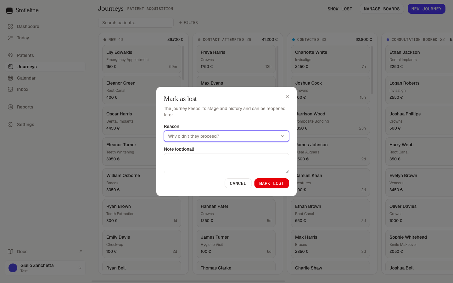 The Mark as lost dialog with the reason dropdown and optional note