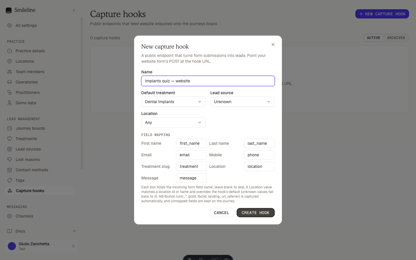 New capture hook dialog with name, defaults and field mapping