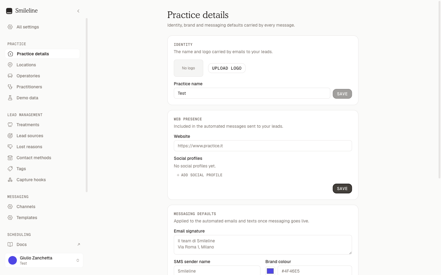 Practice details page with the Identity and Web presence cards