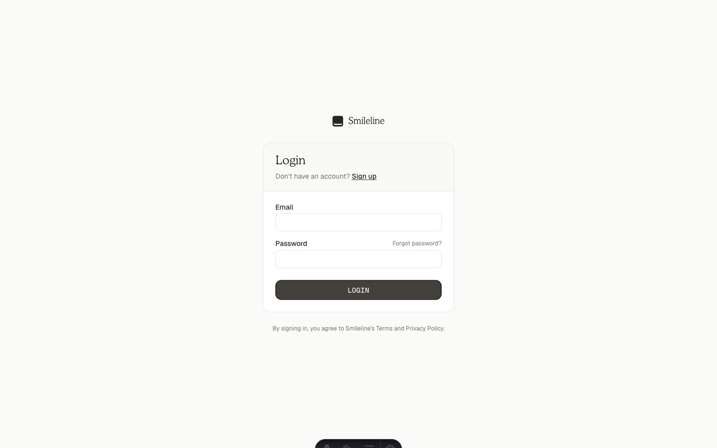 The SmileLine login card with email and password fields