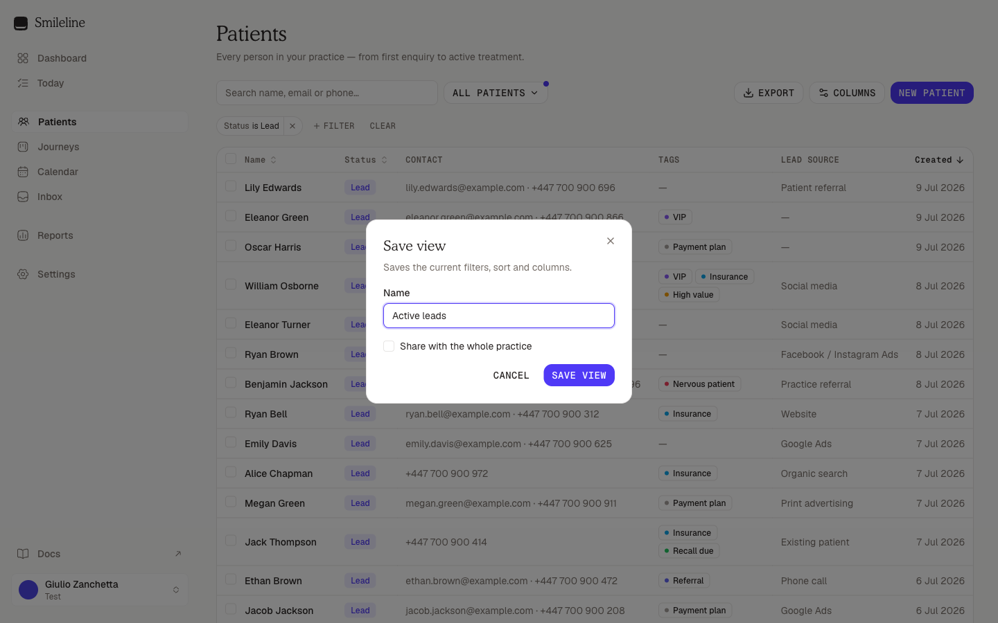 The Save view dialog with the name field and share checkbox